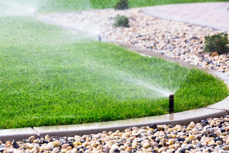 Automatic sprinklers watering lawn.